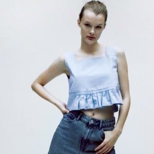 Zara Light Blue Ruffled Crop Tank Top